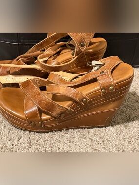 Bed Stu Cognac Leather Strappy Wedge Sandals